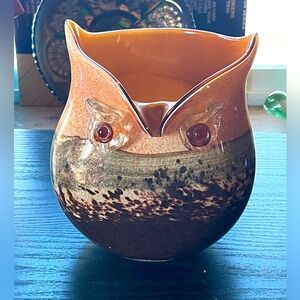 Murano style brown orange gold glittered owl vase